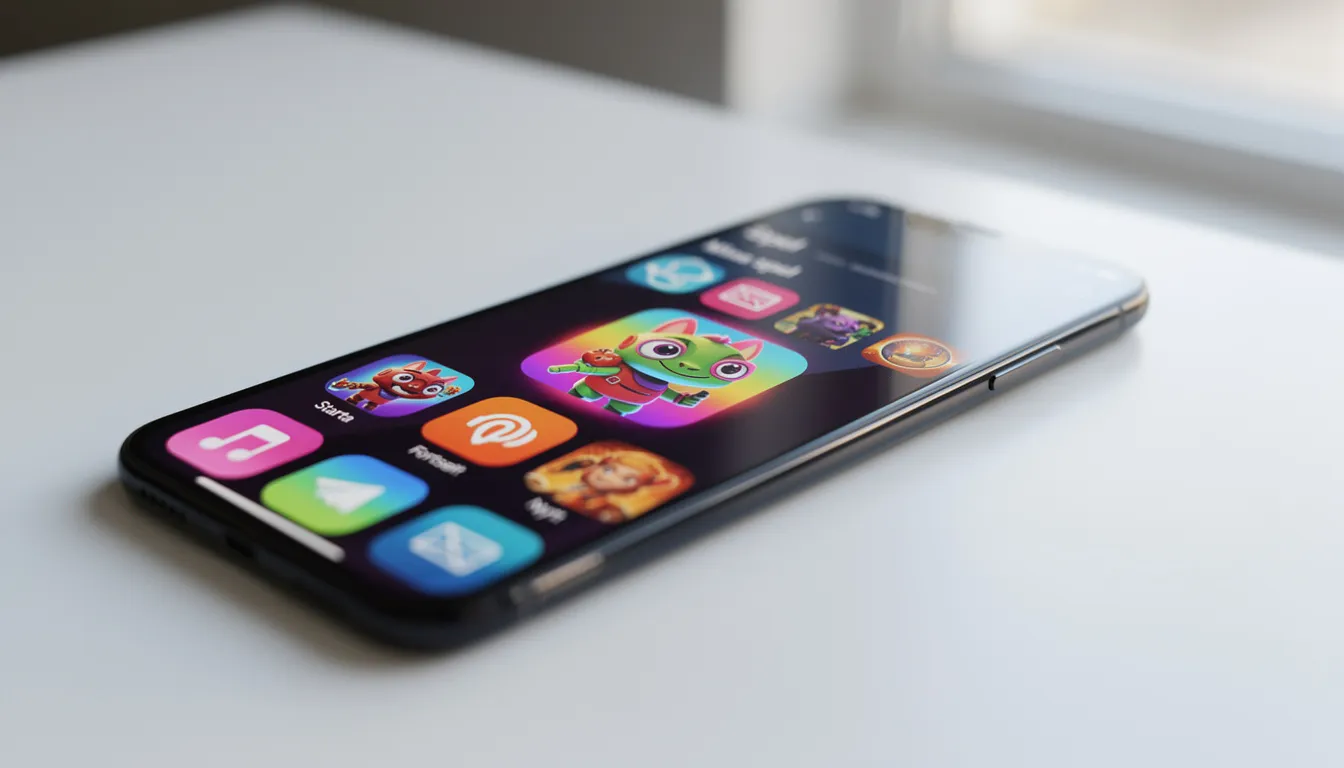 En smartphone visar en modern spelapp med färgglada ikoner, där användaren kan spela olika casinospel som roulette och blackjack. Appen erbjuder en spännande upplevelse för spelare hos LeoVegas, med möjlighet till bonusar och ansvarsfullt spelande dygnet runt.