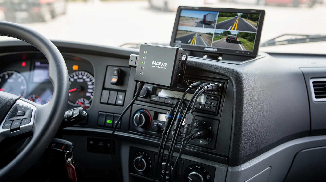 MDVR Storage Options: The image shows a close-up view of a commercial truck dashboard featuring an MDVR unit, which is connected to multiple cameras for video surveillance. This setup enhances fleet management by providing real-time video streaming, driver monitoring, and ensuring data security with ample storage capacity for recorded footage.