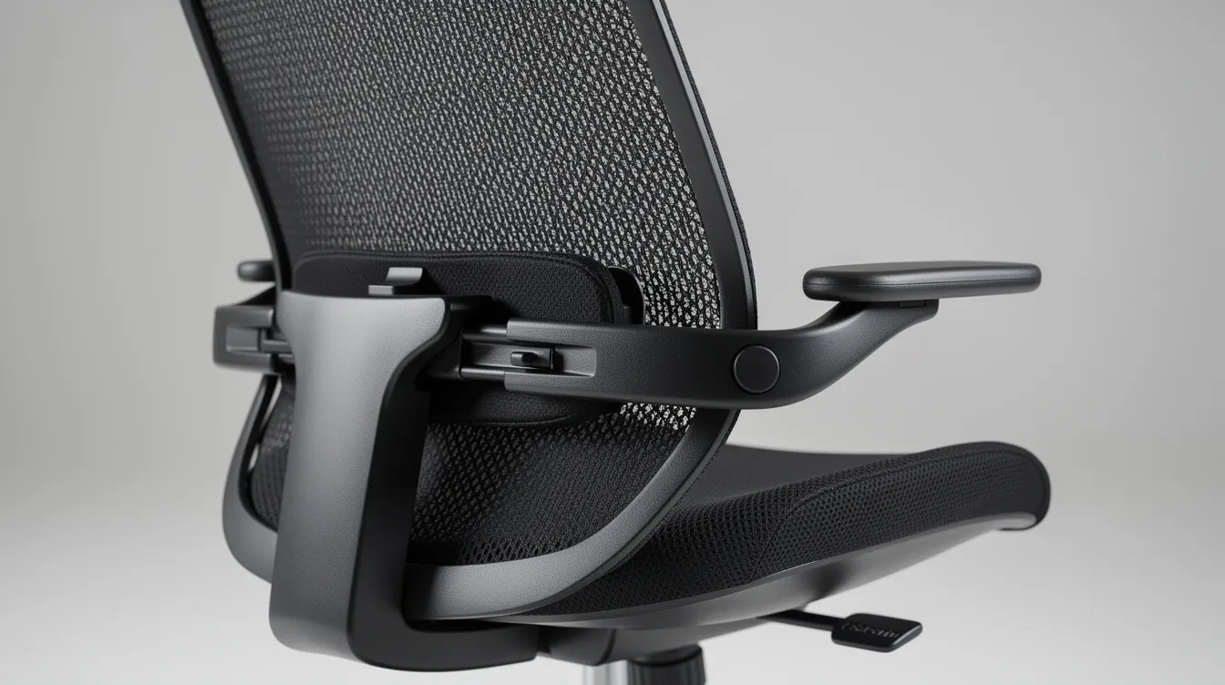 The image features a close-up view of an ergonomic office chair, showcasing its breathable mesh back and an adjustable lumbar support mechanism designed for optimal back support. This chair is ideal for long gaming sessions or extended work hours, emphasizing comfort and good posture.