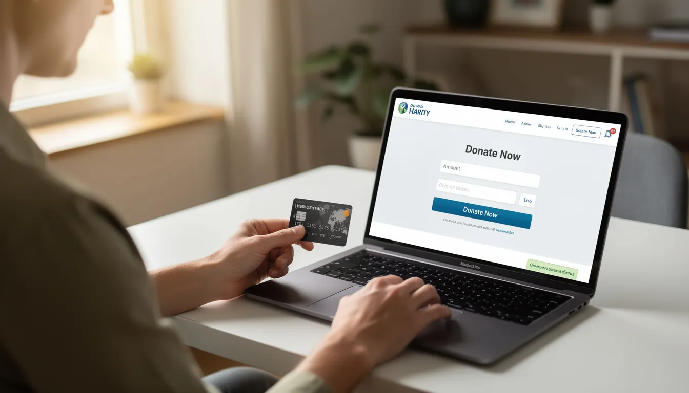 A person is seated at a desk, using a laptop that displays an online donation page, while holding a credit card in their hand, ready to make a charitable contribution. This image highlights the process of soliciting donations for charitable organizations, emphasizing the importance of understanding state laws and registration requirements for fundraising activities.