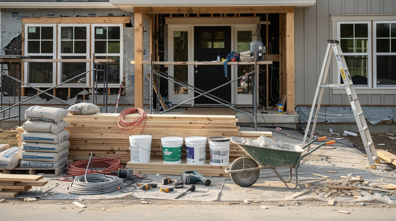 The image depicts a property undergoing renovation, with various construction materials and tools scattered in the foreground, highlighting the active process of transforming the investment property. This scene is a common sight in the real estate market, where property owners work to enhance their assets for better rental income or resale value.
