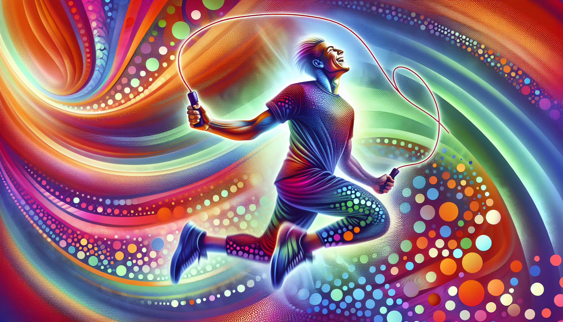 Illustration of a person joyfully jumping rope with colorful background