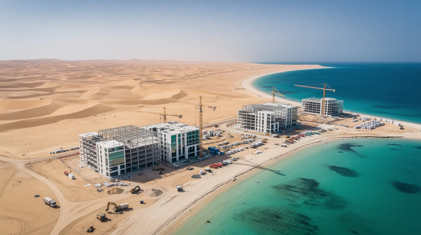 An aerial view captures a vast desert landscape seamlessly transitioning to a vibrant turquoise coastline, where modern construction activity highlights the growth and investment opportunities in Saudi Arabia. This scene reflects the strategic location and potential for foreign companies to engage with the Saudi market, emphasizing the importance of infrastructure development in the region.