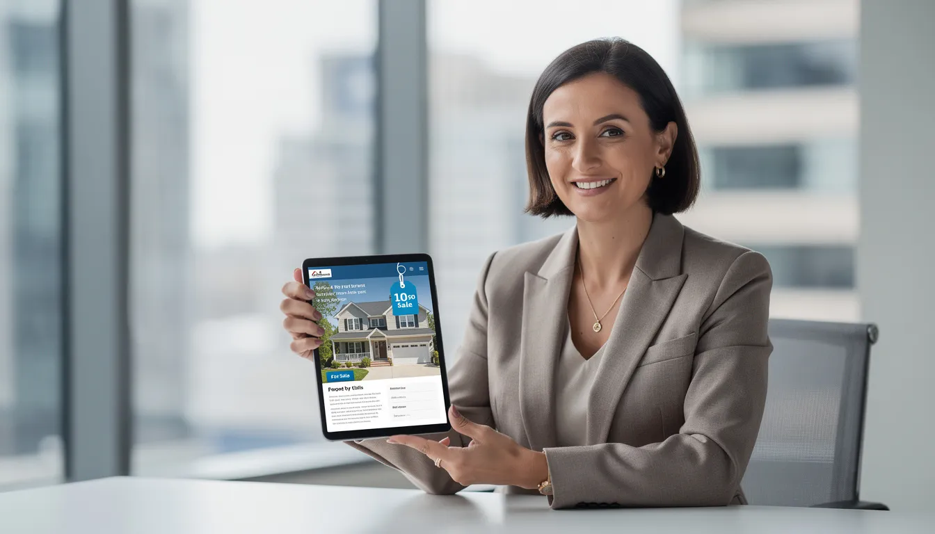 A real estate agent is seen using a tablet, analyzing market trends and leveraging AI tools for lead generation in the real estate industry. The agent appears focused, utilizing data-driven insights to enhance client relationships and streamline their real estate business.