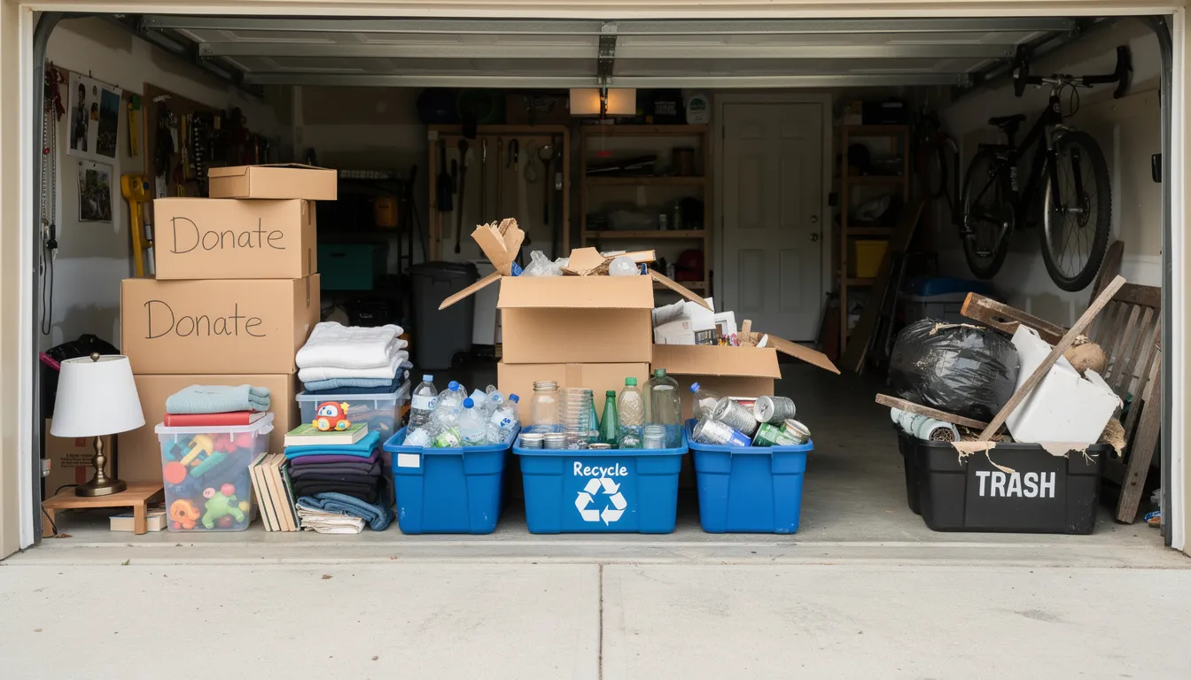 The image shows a neatly organized garage with three distinct piles: one for donations, another for recycling, and a third for disposal, showcasing the process of sorting unwanted items. This setup highlights the importance of responsible disposal and eco-friendly practices in junk removal services.