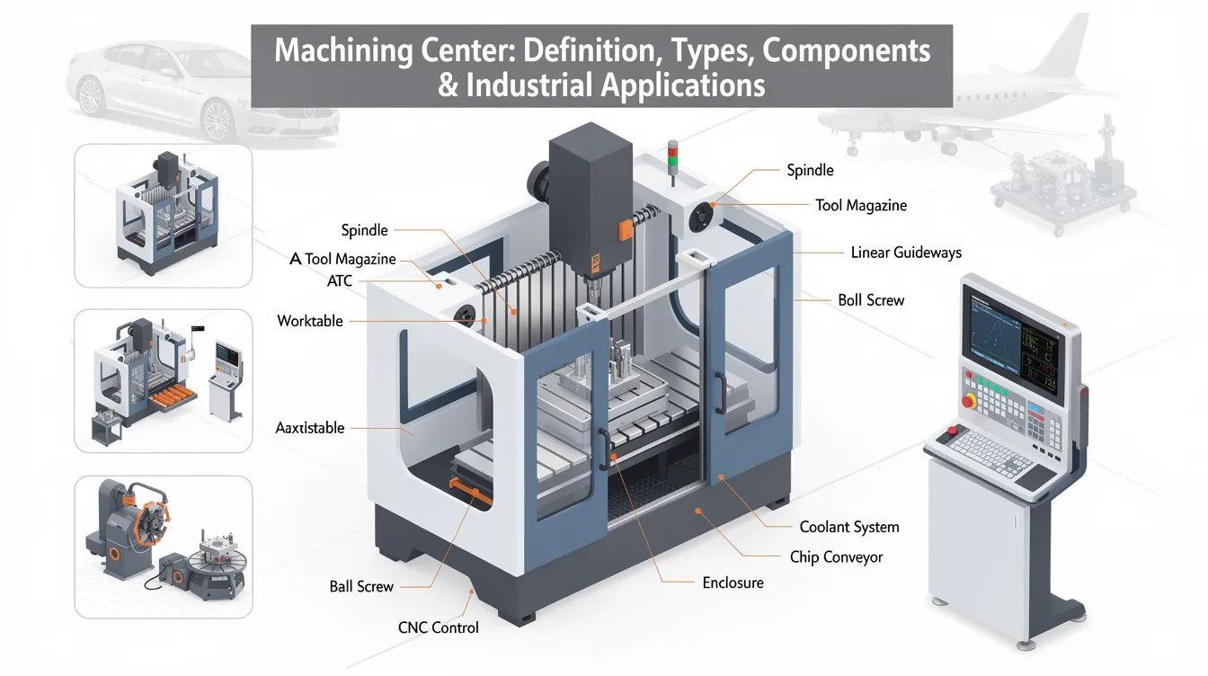 The image depicts a modern CNC machining center equipped with a control panel, automatic tool changer, and various cutting tools, showcasing its ability to perform multiple machining operations with precision and efficiency. This advanced machine is essential in industries like aerospace and automotive for producing complex parts with tight tolerances in one setup.