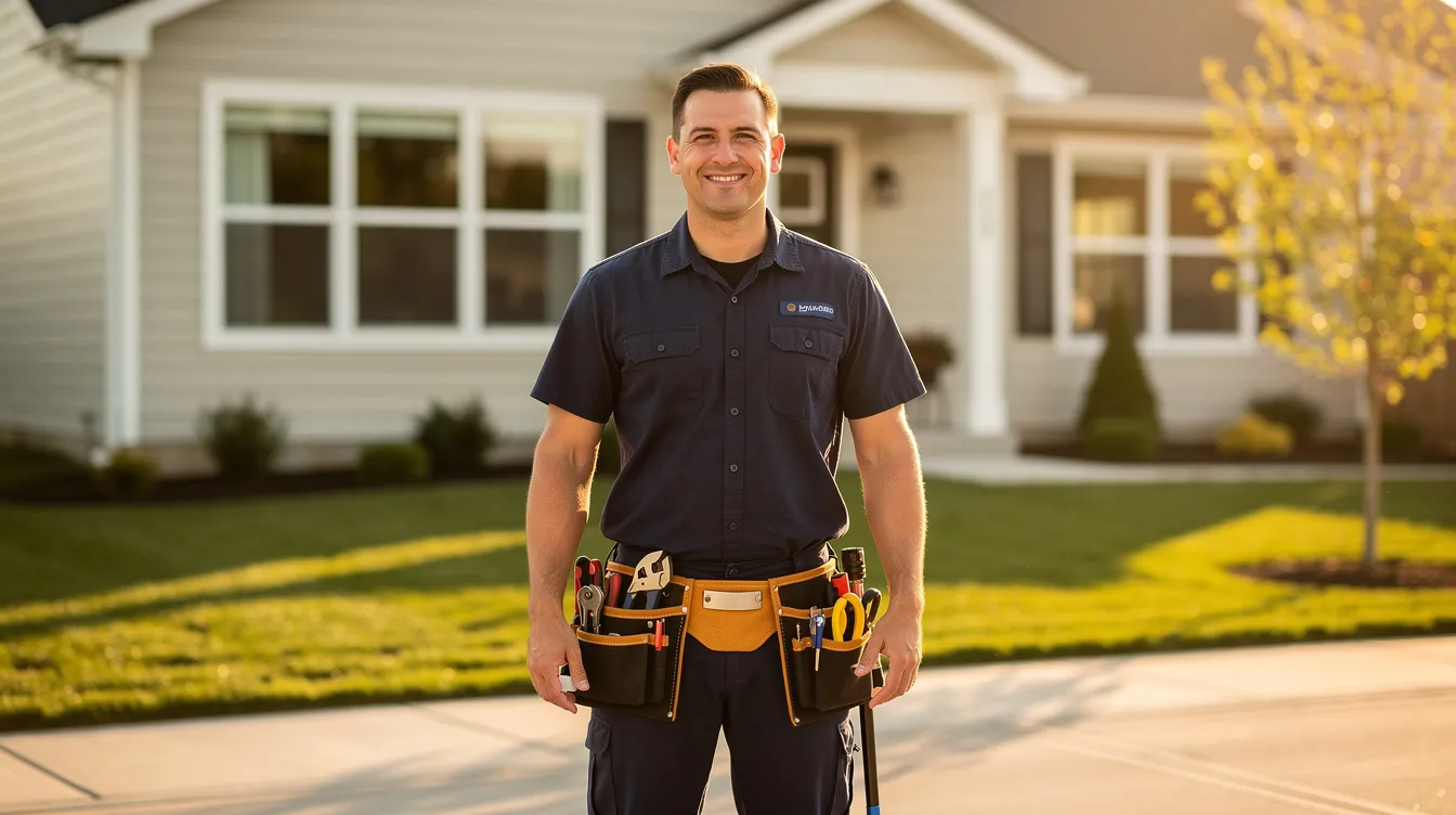A licensed plumber in dark navy clothing stands confidently in front of a residential home, ready to assist with plumbing repairs. The warm, lifestyle setting highlights the professional's toolbelt, emphasizing their role in addressing plumbing issues for homeowners.