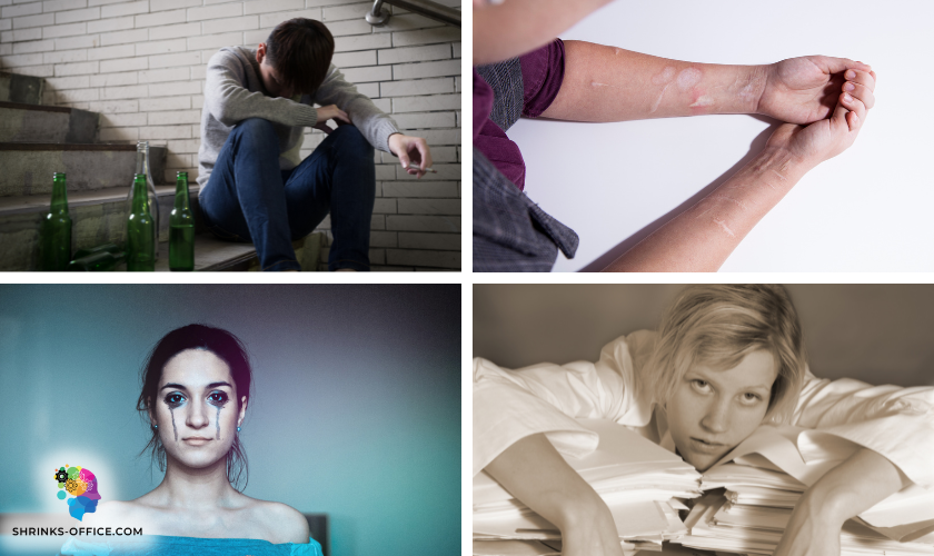 4 images of people exhibiting negative coping mechanisms 