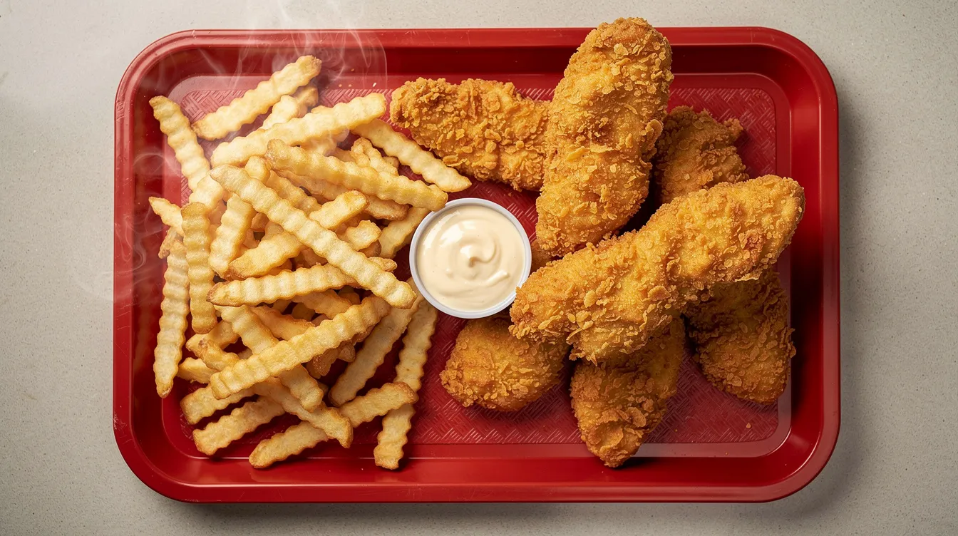 The image features crispy golden chicken fingers, hand battered to perfection, served alongside crinkle cut fries and a dipping sauce, all presented on a vibrant red tray. This delicious fast food offering is reminiscent of the Raising Cane's menu, perfect for a satisfying meal at home or for contact free delivery.