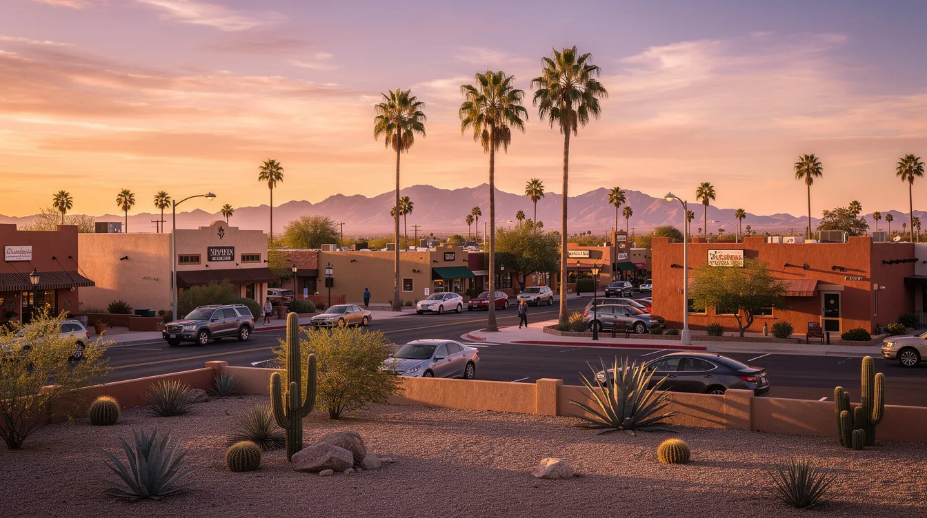 The image depicts a vibrant landscape of Chandler, Arizona, showcasing its picturesque desert scenery with cacti and mountains in the background. This location is ideal for businesses looking to enhance customer engagement through loyalty programs and improve customer retention by analyzing customer behavior.
