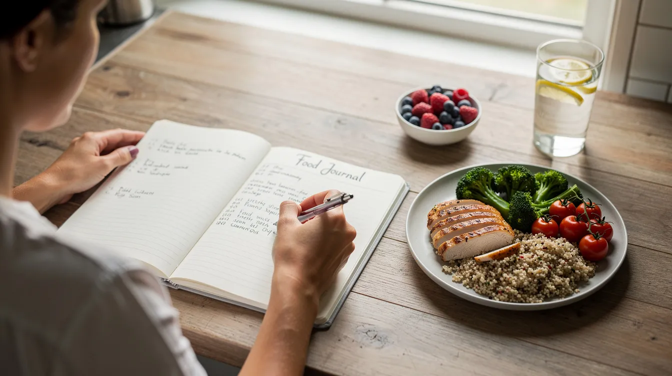 A person is writing in a food journal while sitting next to a colorful, healthy meal that includes whole grains, vegetables, and healthy fats like extra virgin olive oil. This scene emphasizes mindful food choices that align with the principles of the longevity diet for a healthier life.