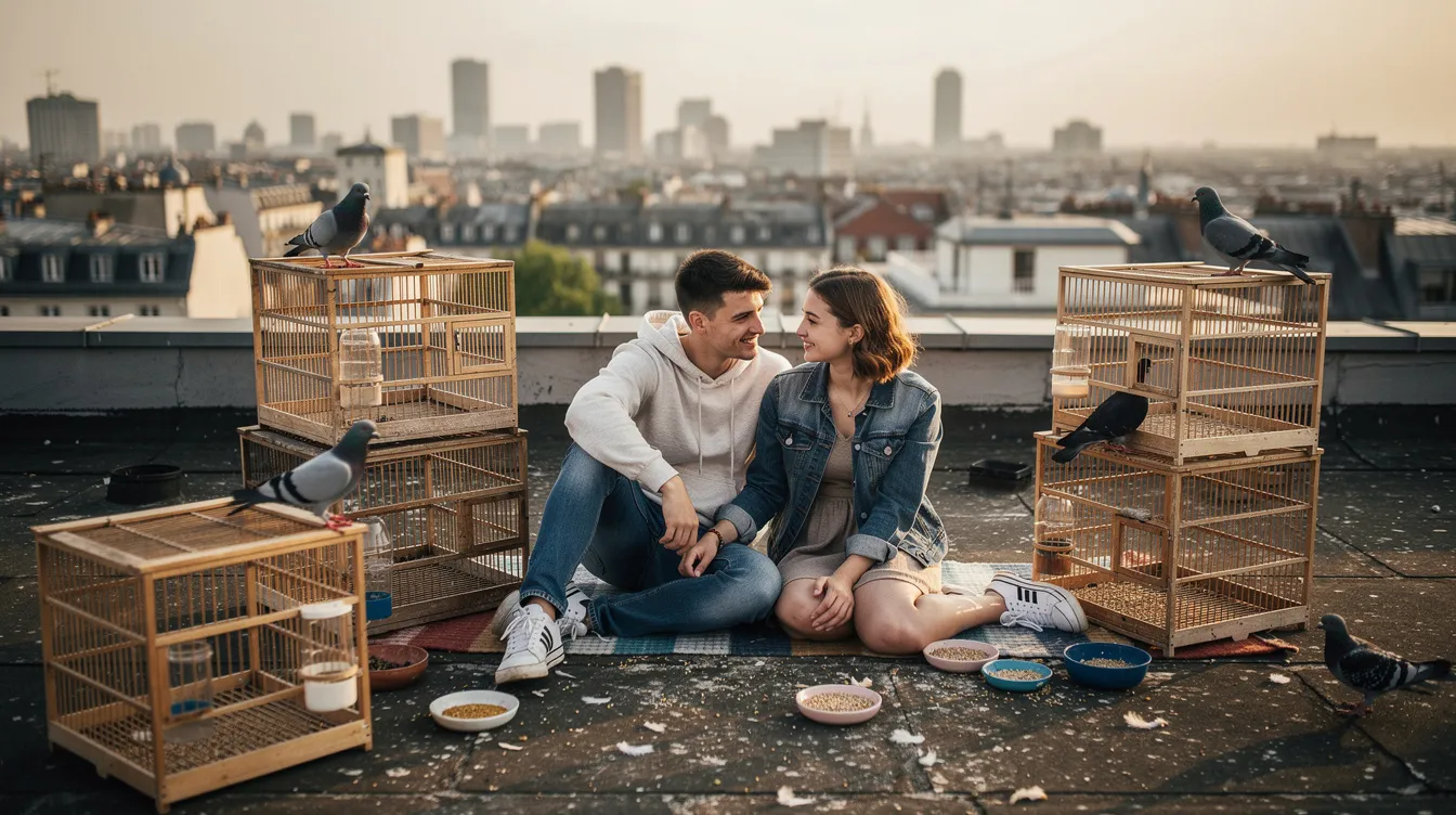 Auf einem Hausdach stehen ein junger Mann und eine junge Frau, umgeben von Taubenkäfigen, während im Hintergrund die städtische Skyline von New York zu sehen ist. Die Szene vermittelt ein Gefühl von urbaner Freiheit und Jugendlichkeit, ähnlich wie in dem Klassiker "On the Waterfront".