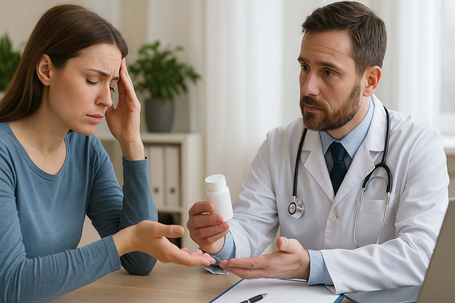 En kvinne snakker med en lege i hvit frakk, som forklarer medisinsk behandling og holder en pilleboks i hånden.