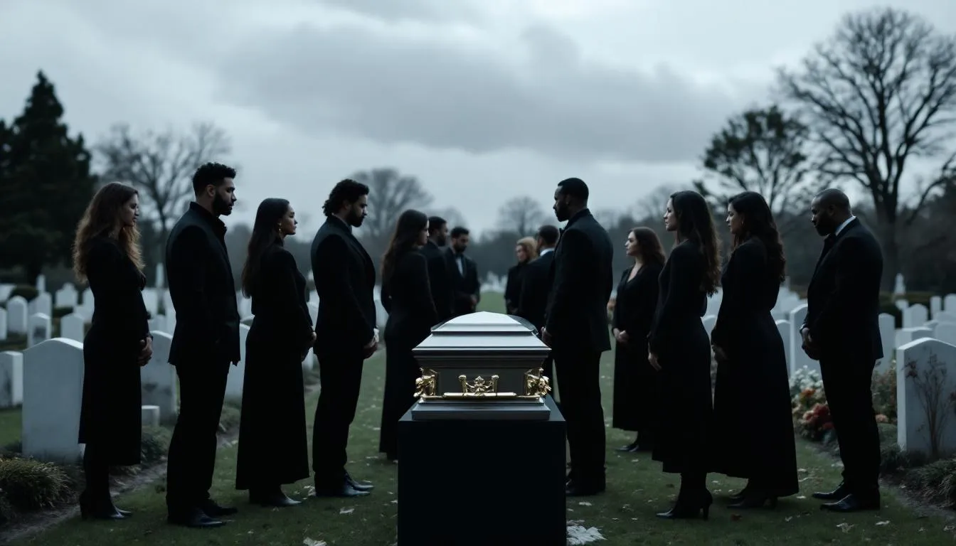 A somber funeral scene depicts a gathering of mourners in dark attire, surrounded by floral arrangements and a casket. The atmosphere reflects grief and remembrance, highlighting the emotional impact of a spouse's death and the potential tax considerations related to the estate, such as capital gains tax and the fair market value of the principal residence.
