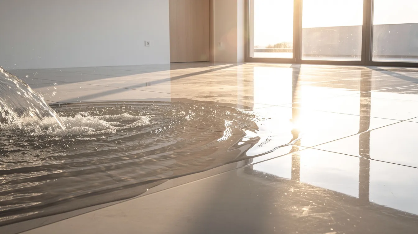The image shows water flooding across a tile floor in a modern home, with sunlight streaming through the windows, highlighting the potential plumbing emergency caused by a broken water supply pipe. This situation may require immediate attention from a reliable emergency plumbing service to prevent further water damage.