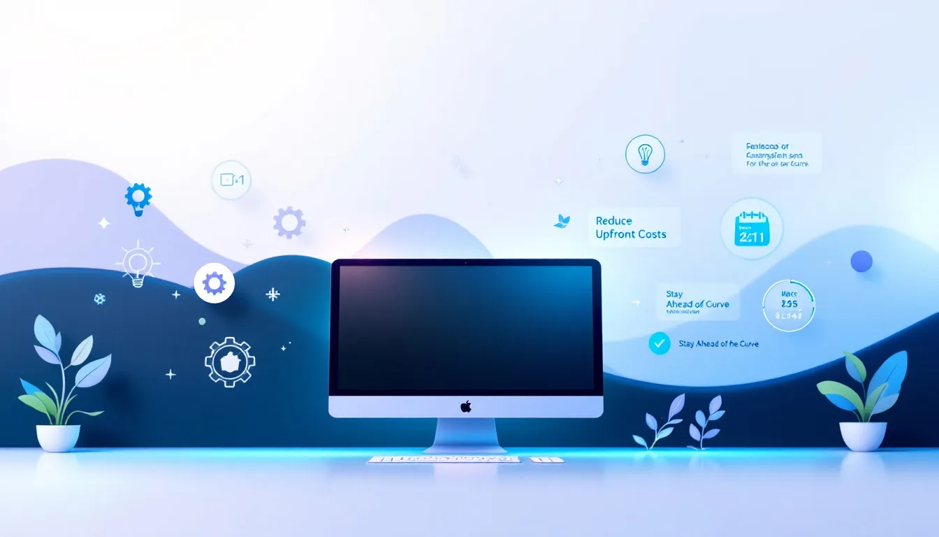 Eine Illustration, die die Vorteile der Mac Miete für Unternehmen zeigt, einschließlich Flexibilität und Anpassungsfähigkeit.