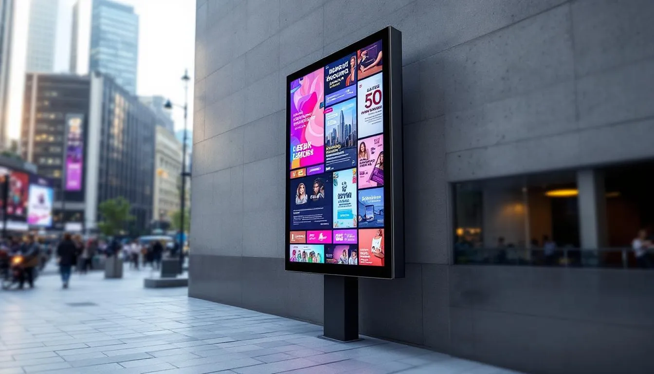 The image illustrates the concept of programmatic digital out-of-home (DOOH) advertising, showcasing digital billboards in various locations displaying dynamic ads. It highlights the automated buying process of ad placements through demand side platforms, emphasizing the ability to deliver multiple advertising impressions to targeted audiences in real time.