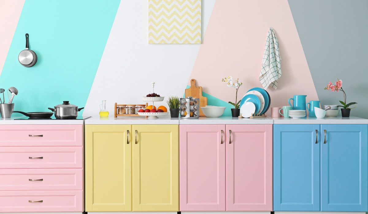Kitchen Summer-Colours Makeover: Painting Your Kitchen Cabinets for Spring & Summer - lower cabinetry in vibrant hues - pink, yellow, and blue