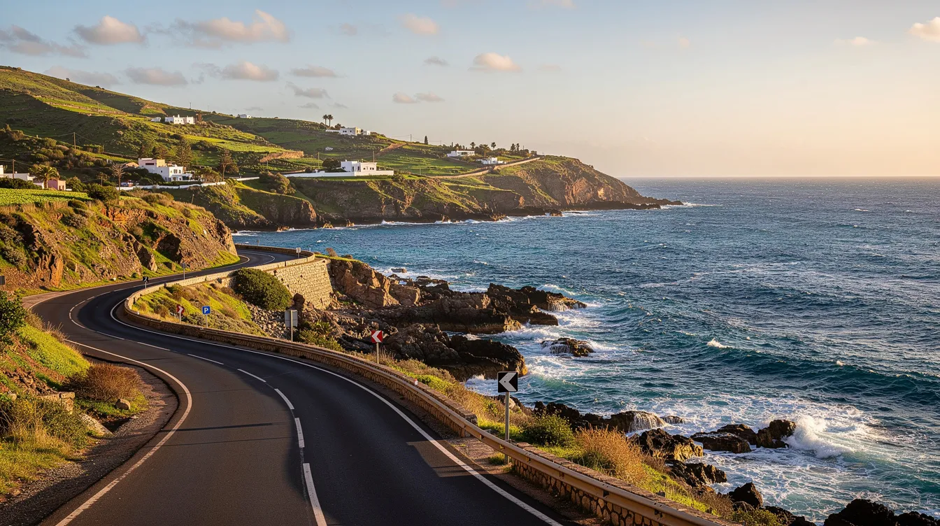 Une route côtière sinueuse au nord du Maroc offre une vue magnifique sur la mer, entourée de collines verdoyantes. Ce paysage pittoresque est idéal pour les clients souhaitant louer une voiture à Tanger et explorer les environs en toute liberté.