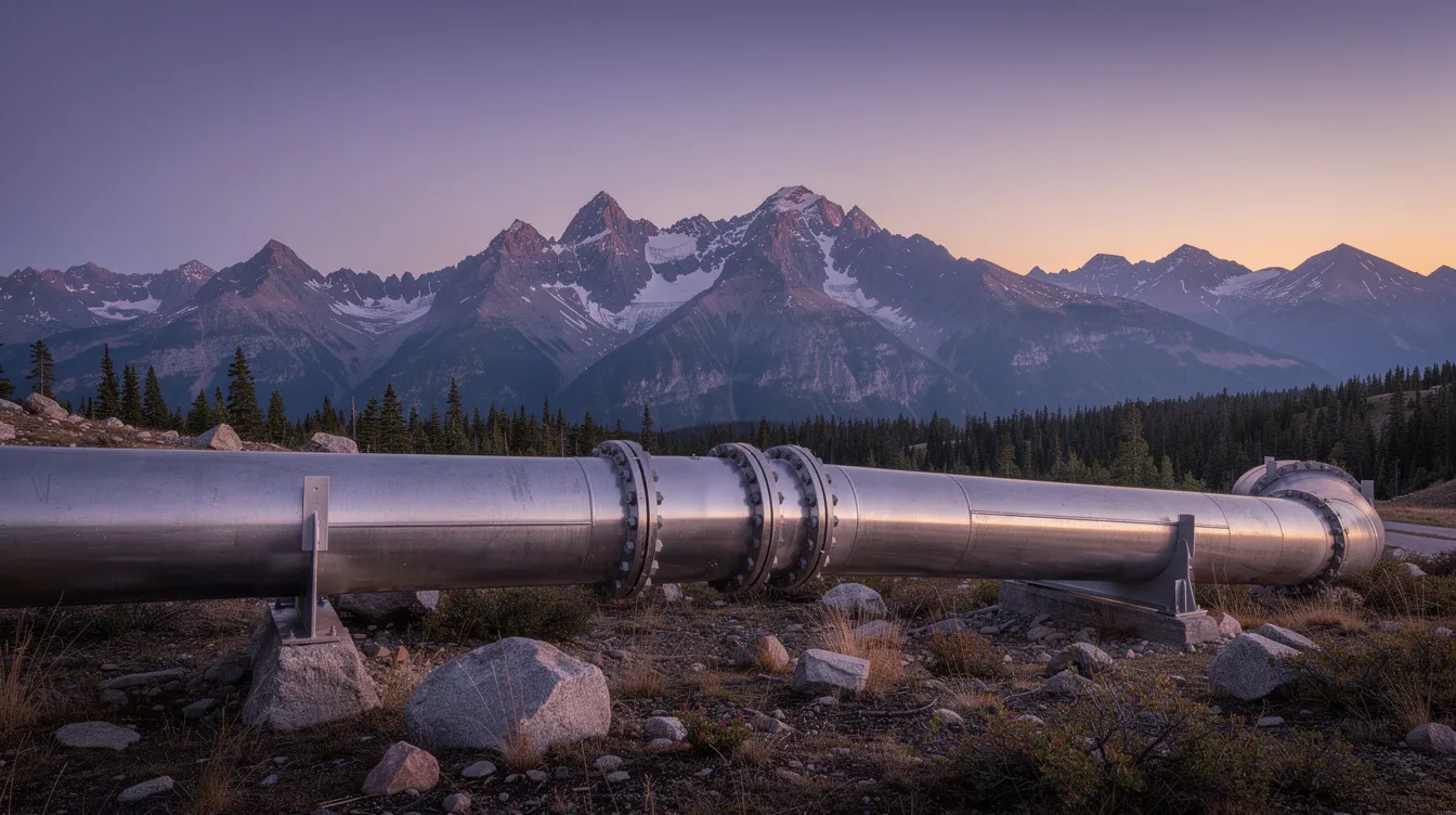 The image depicts a stunning Rocky Mountain landscape at dusk, with a prominent industrial pipeline in the foreground, symbolizing the intersection of natural beauty and energy infrastructure. This scene reflects the complexities of the energy industry, highlighting both renewable energy projects and traditional oil and gas development.