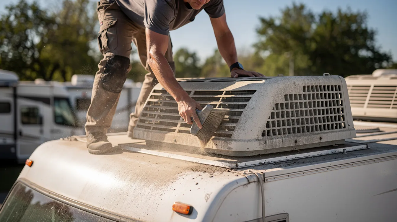 A person is gently using a soft brush to clean dust and debris from the rooftop air conditioning unit of a recreational vehicle (RV), ensuring proper airflow and efficient cooling. This routine maintenance helps prevent poor airflow and maintains the performance of the AC unit, especially in humid climates.