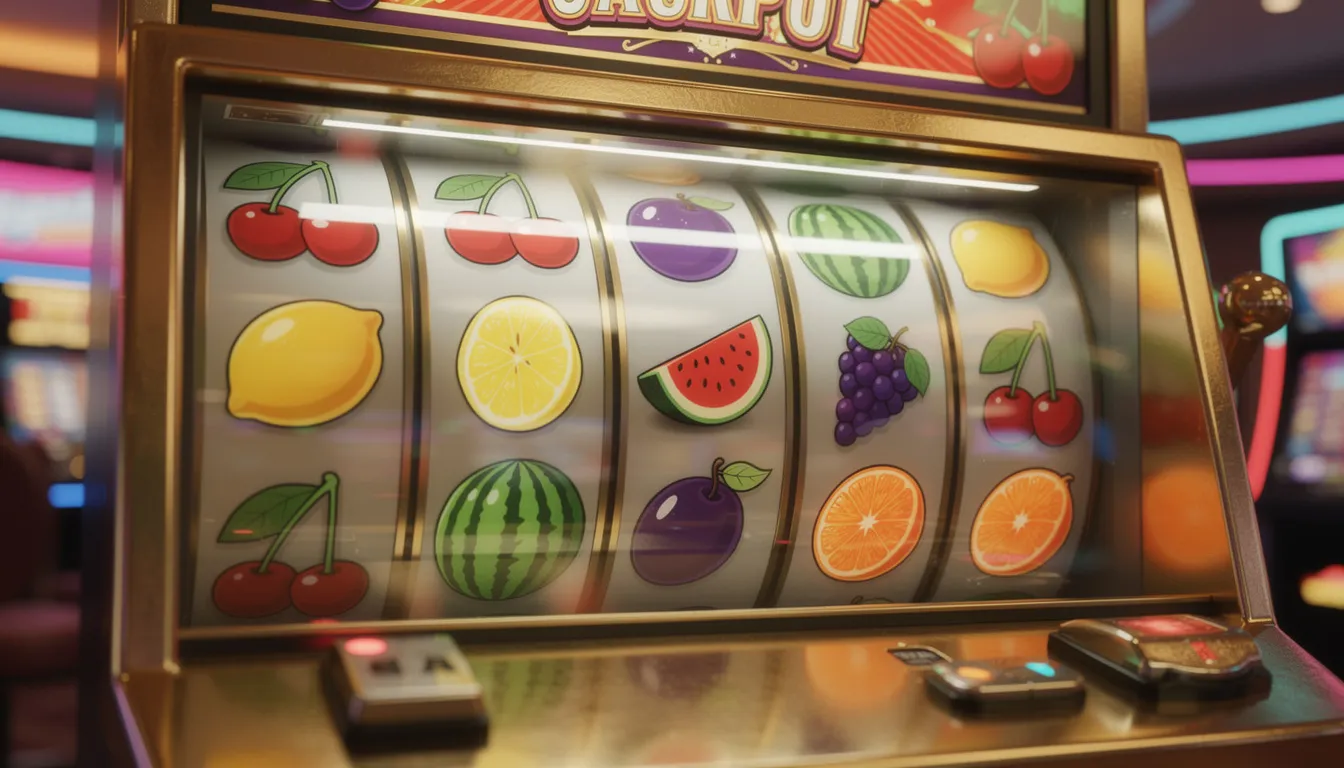 En färgglad spelautomat visar snurrande hjul med fruktsymboler och vinnande kombinationer, vilket skapar en livlig atmosfär som påminner om spänningen hos pop casino. Denna bild fångar känslan av att spela slots med möjligheten till stora vinster.