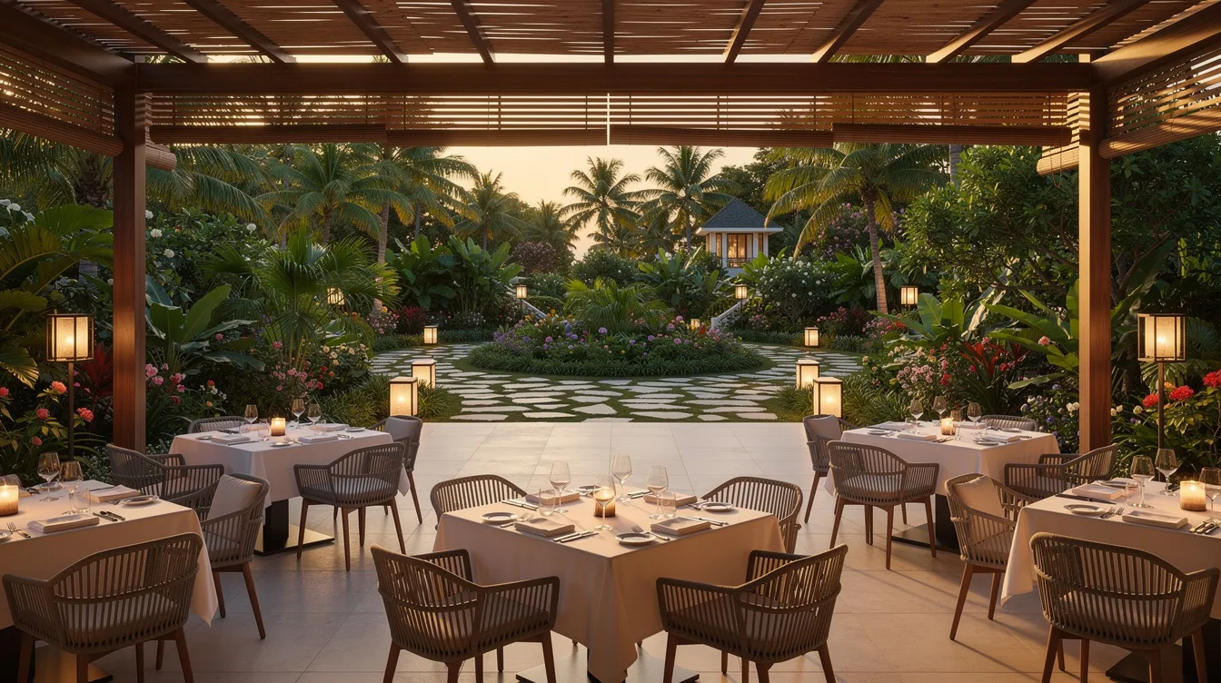 880eb8bd 8739 48fb 8827 58ab9e1903eb The image depicts an elegant resort restaurant featuring open-air seating that overlooks lush gardens, creating a serene atmosphere for guests. This setting exemplifies the hospitality industry's focus on enhancing guest experience and optimizing revenue through beautiful dining environments.