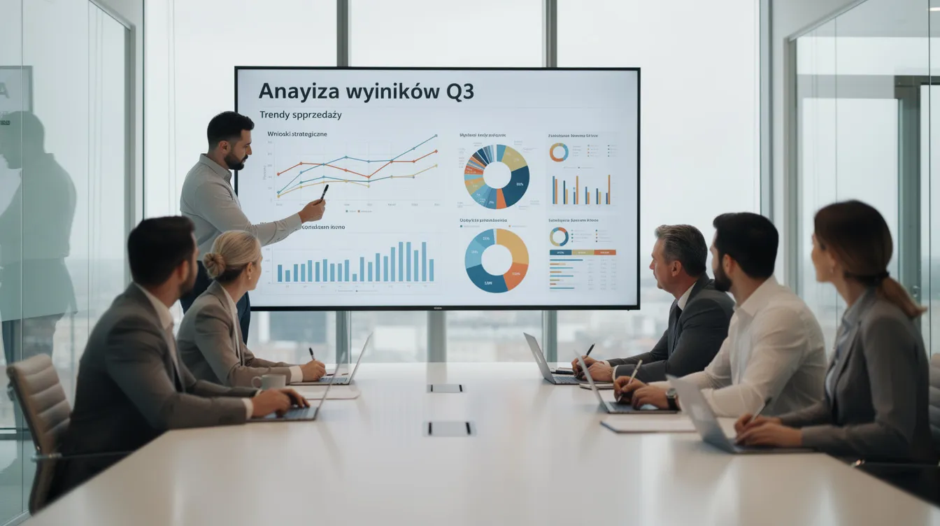 Na obrazku zespół biznesowy analizuje wykresy podczas spotkania, koncentrując się na obliczaniu progu rentowności oraz podejmowaniu świadomych decyzji biznesowych. Widać również, jak omawiane są koszty stałe i zmienne, co jest kluczowe dla ustalenia optymalnej ceny produktu.