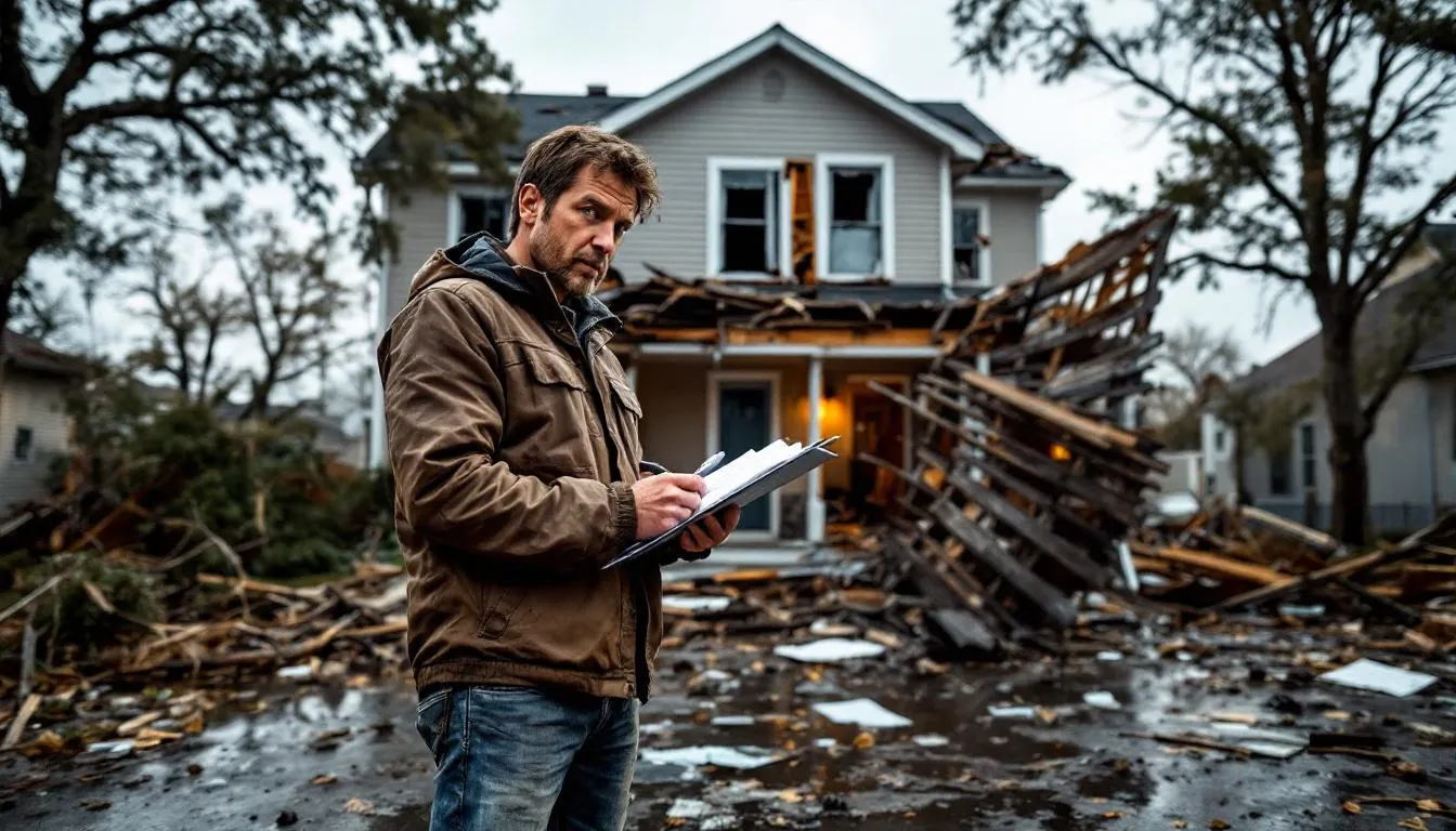 A homeowner inspecting their property for damage after hurricane Helene, highlighting the steps to take after sustaining hurricane damage.