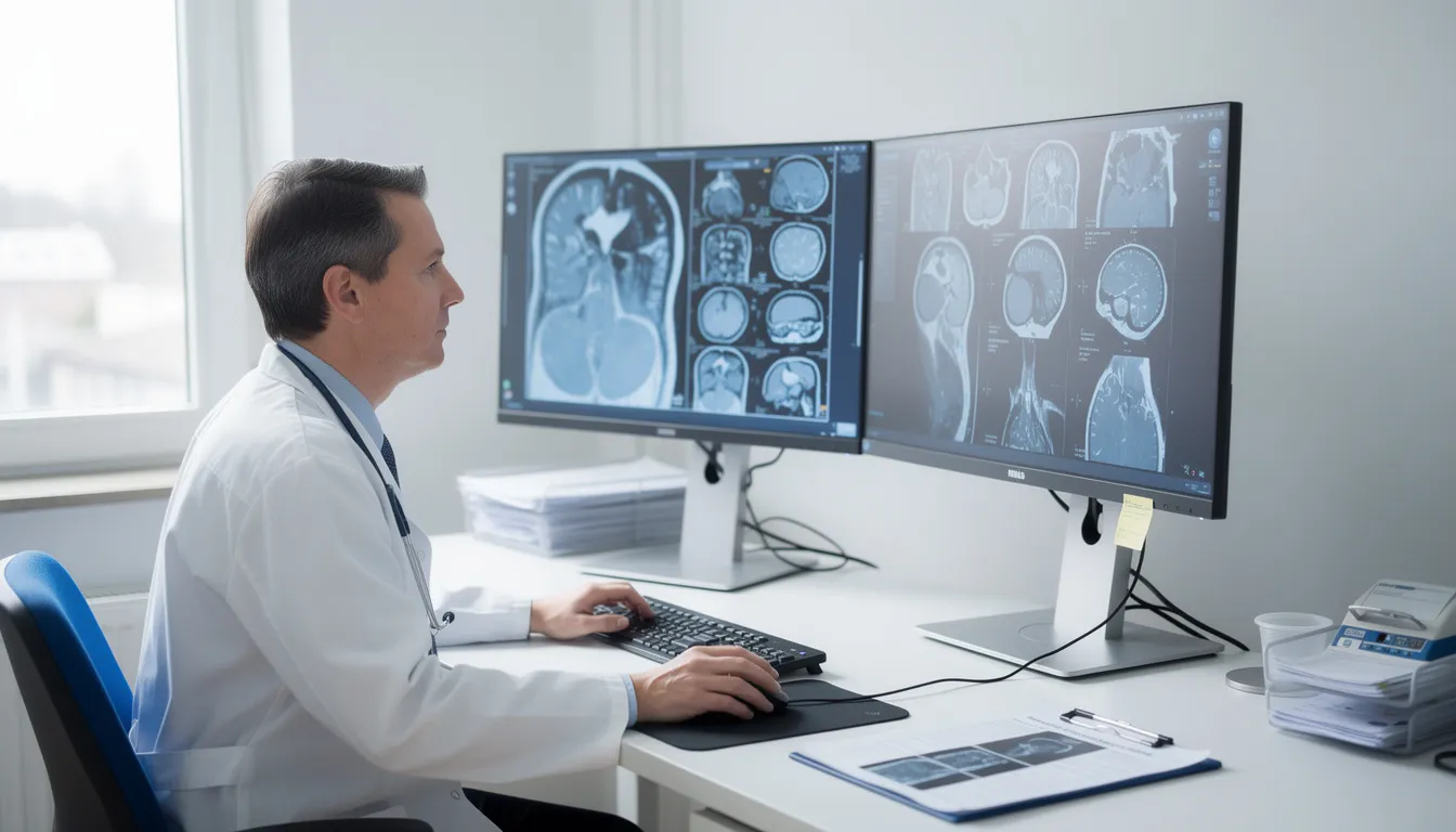 En läkare sitter i en ljus klinisk miljö och granskar medicinska bilder på en datorskärm, vilket tyder på en ny medicinsk bedömning av en patient med allvarlig sjukdom eller skada. Denna process är viktig för att säkerställa att patienten får rätt behandling och information i enlighet med vetenskap och beprövad erfarenhet.