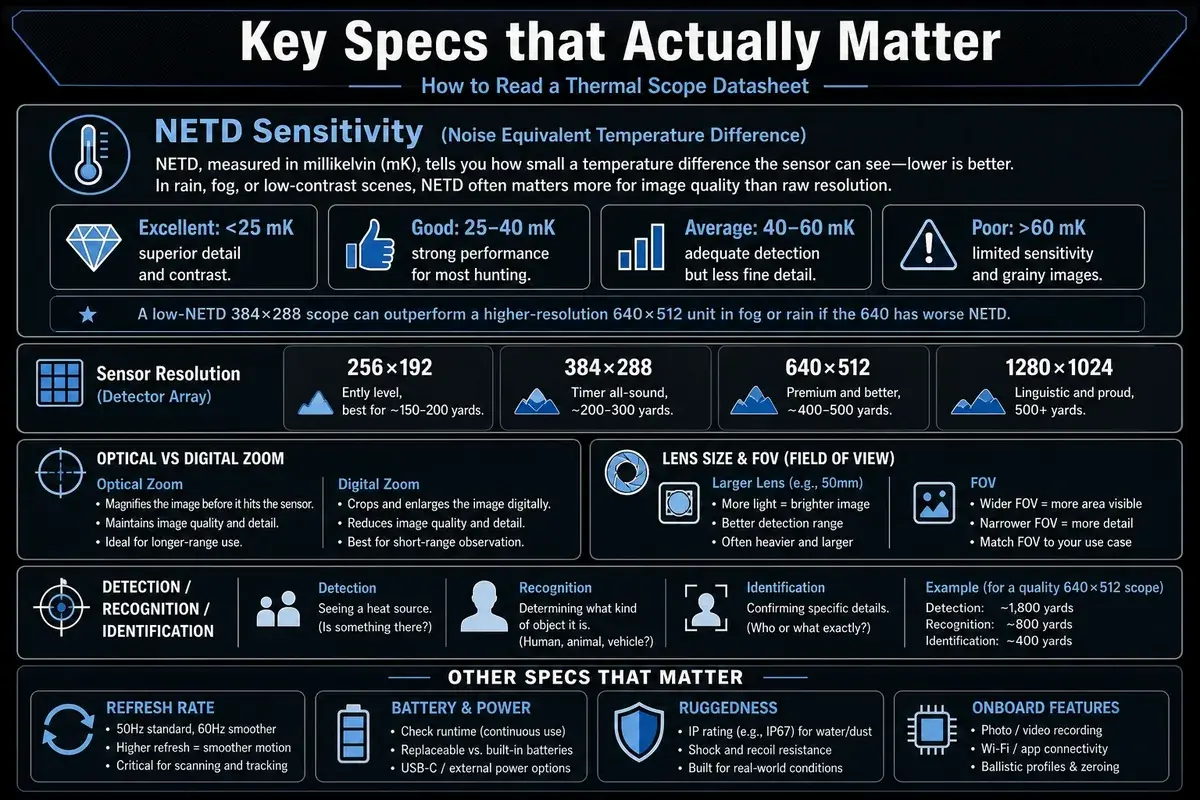 Selection progression infographic of important thermal scope specifications to include before deciding.