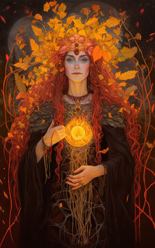 Goddess Brigid with long red hair with golden butterflies flying away from her crown with a sacred flame in her hands. 