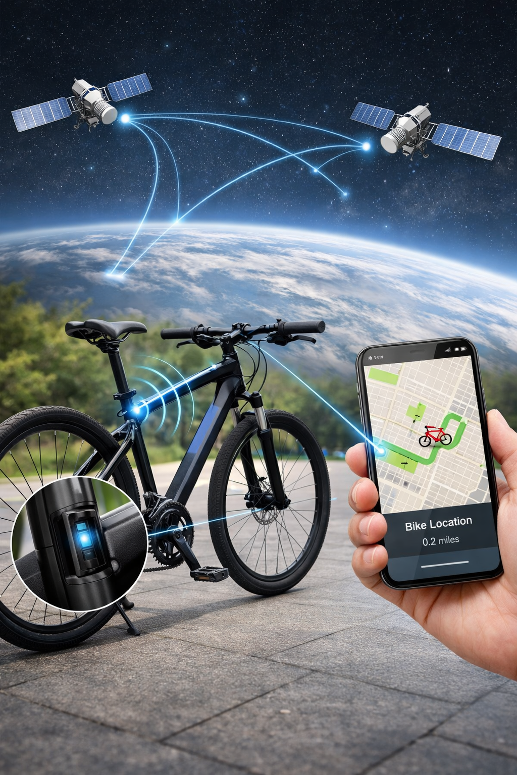 Diagram showing how a bicycle GPS tracker sends location to a smartphone using satellites