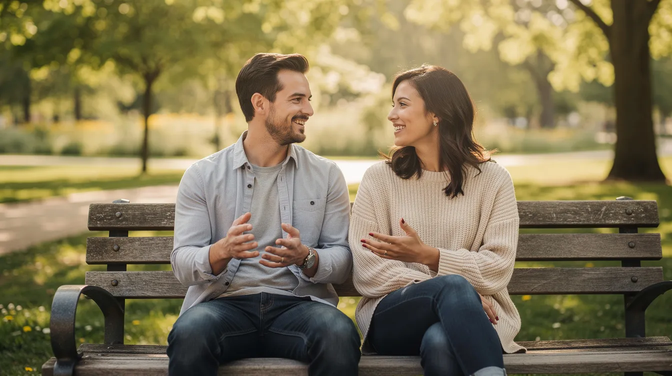 A couple sits comfortably on a park bench, engaged in a relaxed conversation that reflects their genuine interest in each other's feelings and thoughts, showcasing the signs of a healthy relationship filled with honest communication and mutual respect. Their cozy demeanor and smiles create a positive sign of a strong connection, emphasizing the importance of spending time together in a safe space.