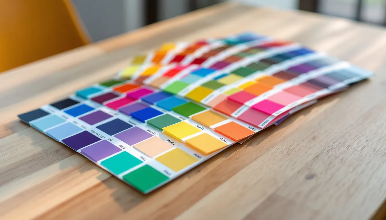 Op de tafel liggen kleurstalen en een RAL waaier, verlicht door daglicht, waarmee verschillende kleuren voor kunststof kozijnen worden getoond. De staalkaart bevat een breed assortiment van populaire RAL kleuren, waaronder donkere tinten en zuiver wit, ideaal voor het kiezen van de juiste kleur kozijnen.
