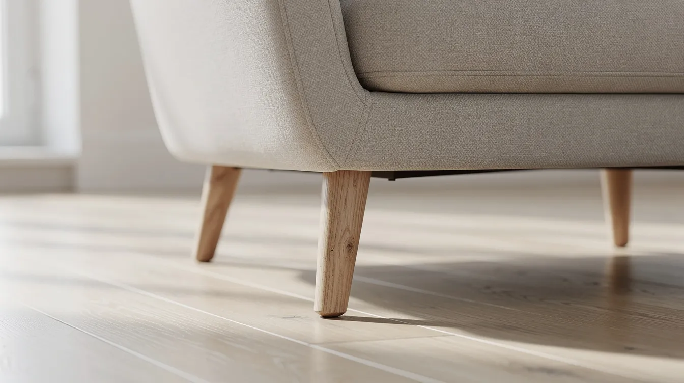 Detaljbild av en mysig fåtölj med ljusa träben i ek, placerad på ett ljust trägolv. Fåtöljen har ett mjukt tyg som ger en inbjudande känsla och passar perfekt i moderna hem.