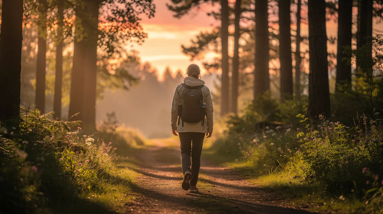 A person walks alone on a tranquil nature trail at sunset, appearing contemplative as they reflect on their healing journey after a toxic relationship. This moment emphasizes the importance of self-compassion and the process of moving forward while embracing emotions and lessons learned.