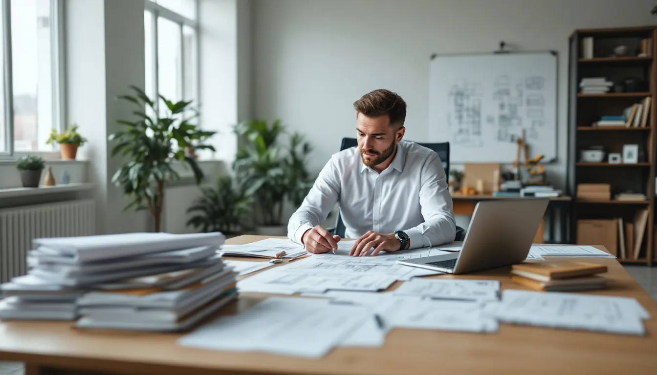 Um arquiteto está examinando blueprints e documentos técnicos em um escritório, refletindo sobre questões relacionadas à construção civil e à perícia judicial. O ambiente é organizado, com mesas repletas de papéis e ferramentas de trabalho, evidenciando a atuação profissional deste especialista em análise técnica.