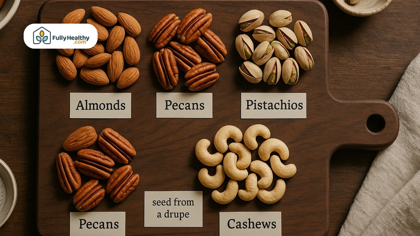 Wooden board showing labeled nuts including almonds pecans pistachios and cashews from drupes