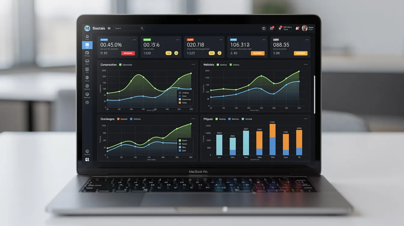 The image depicts a laptop screen displaying a comprehensive monitoring dashboard featuring various graphs and alert indicators, essential for effective vendor risk management. This dashboard aids in the ongoing assessment of vendor performance and potential risks, ensuring compliance with security standards and the protection of sensitive data.