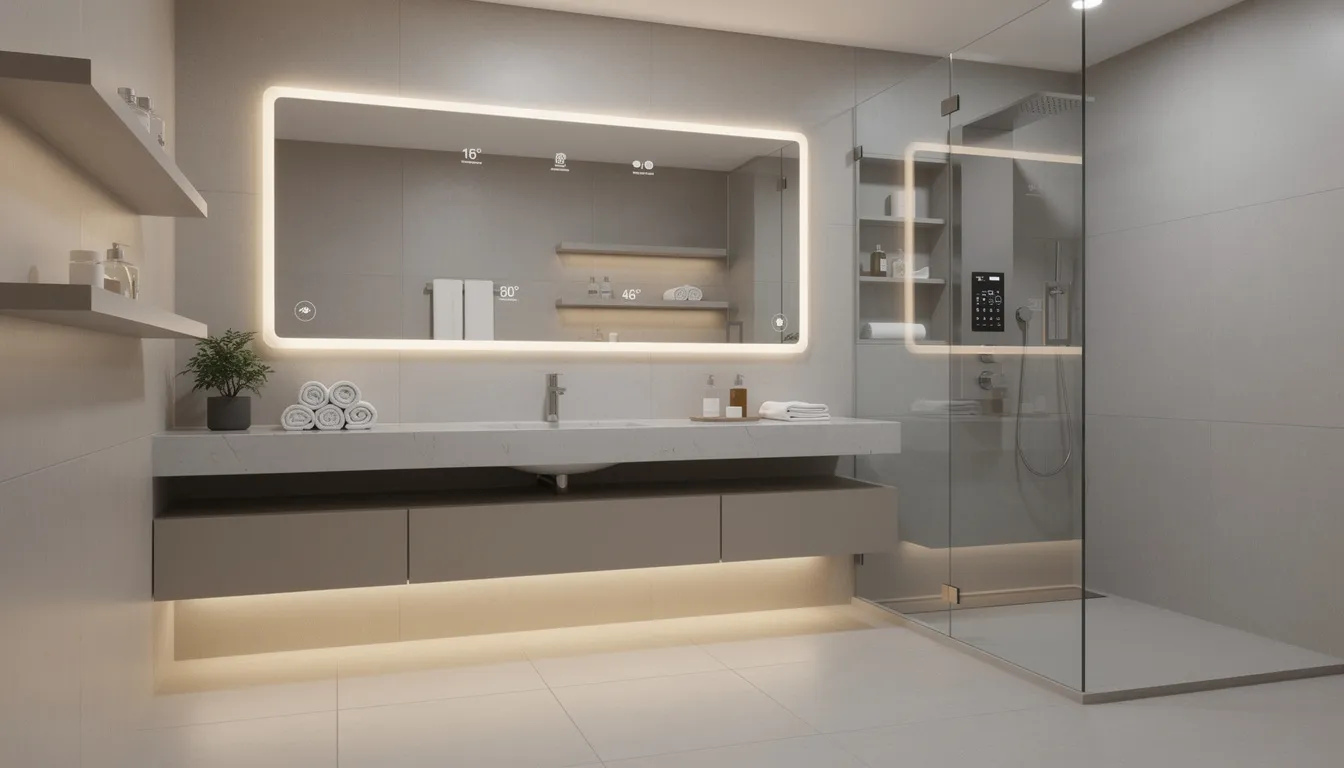 The image depicts a modern spa-like bathroom featuring an illuminated smart mirror and digital shower controls integrated into a wall panel, complemented by soft ambient lighting on a heated tile floor. This high-tech bathroom design emphasizes comfort and convenience, showcasing advanced bathroom technology for an optimal bathing experience.