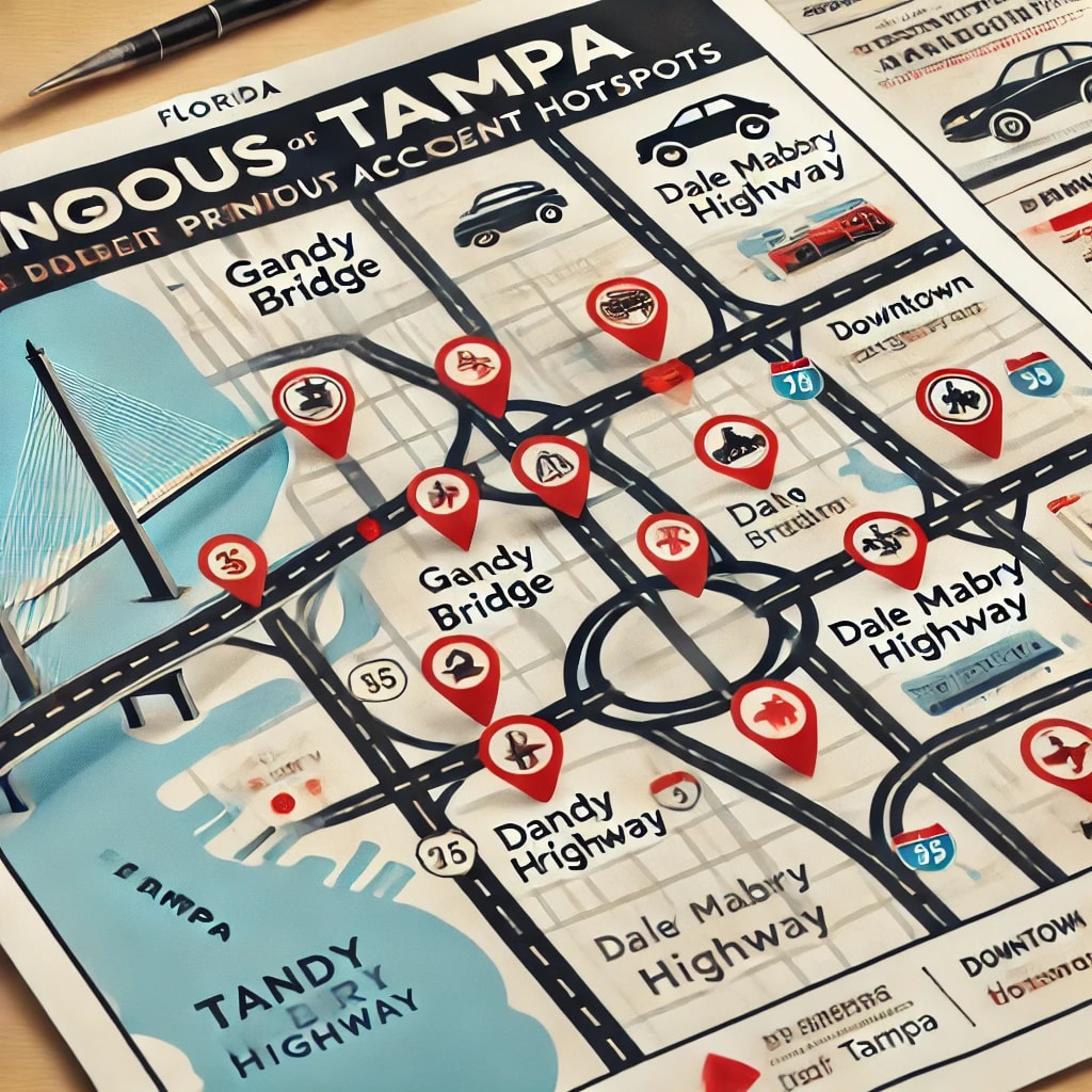 The map of Tampa, Florida, highlighting dangerous intersections prone to car accidents. 