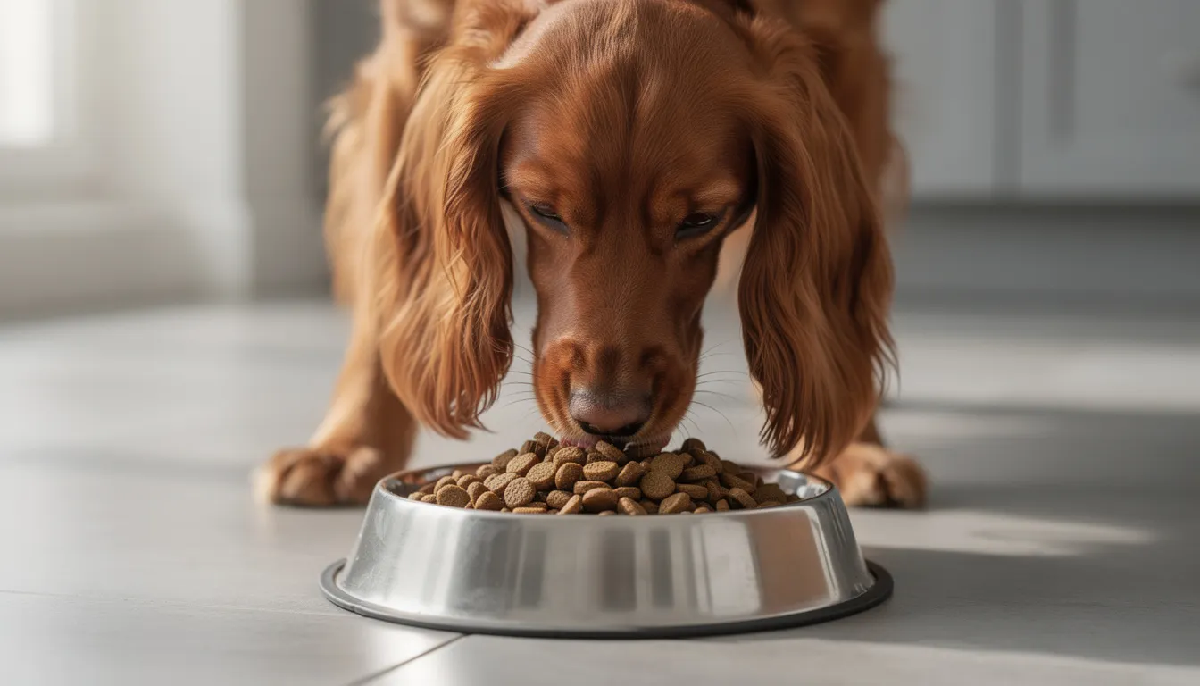 A medium-sized Field Spaniel is happily eating high-quality dog kibble from a bowl, showcasing its silky coat and floppy ears. This affectionate dog, known for its docile nature and playful temperament, enjoys its meal in a cozy home environment.