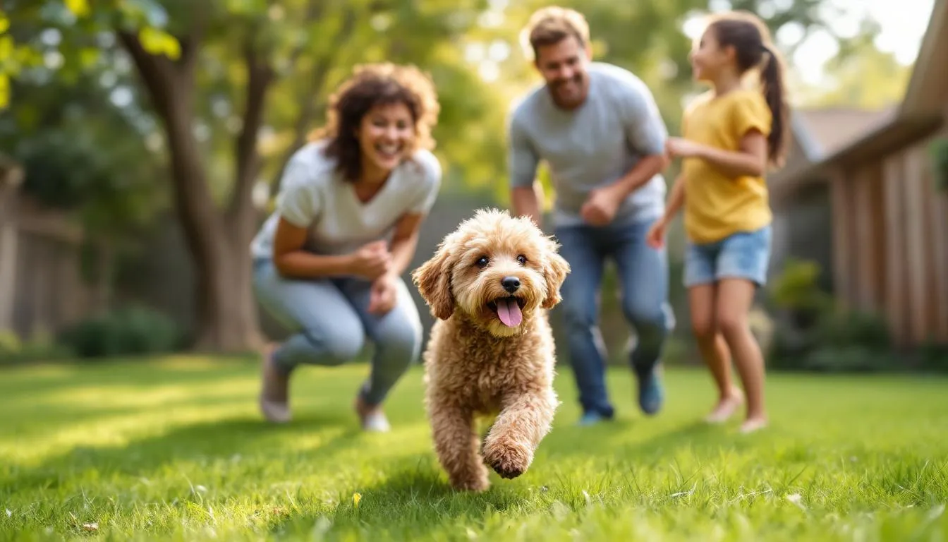 A happy family is playing with their curly-haired dog in a sunny backyard, surrounded by green grass and colorful flowers. The dog, likely a curly coated retriever or poodle, has tight curls and a joyful expression as it interacts with the family members.