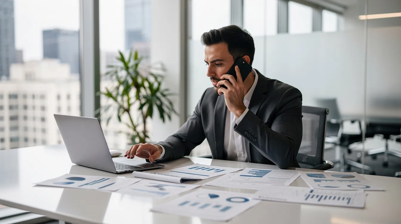 A professional is engaged in a phone call within a modern office environment, surrounded by documents and paperwork spread across the desk, indicating an active financial discussion possibly related to 清 數 or a 二線 財務 公司. The setting reflects a focus on managing financial matters, including potential貸款 and還款計劃.