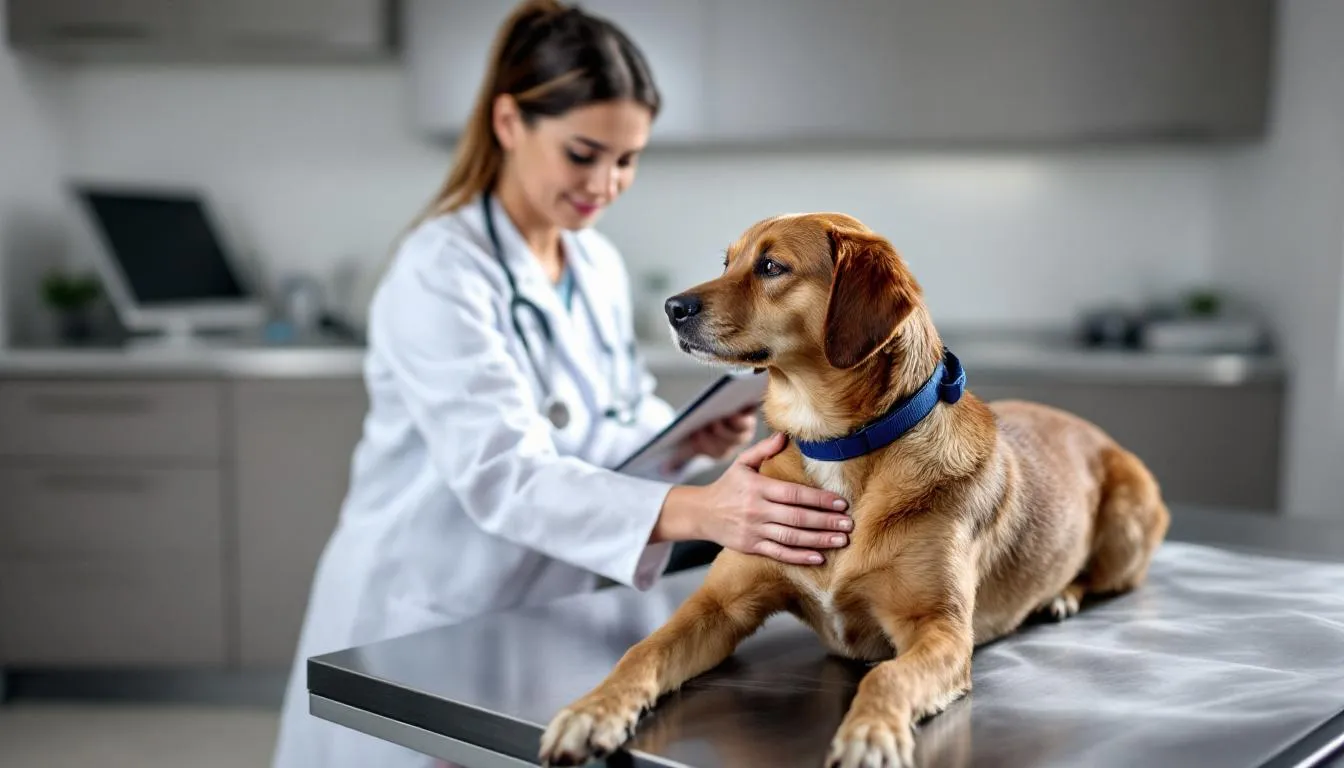 A female dog is being examined by a veterinarian, who is checking her health and behavior. The vet is attentive, ensuring that the female dog receives the proper medical attention she may need, which is important for addressing any potential issues related to her behavior, such as humping or other medical concerns.