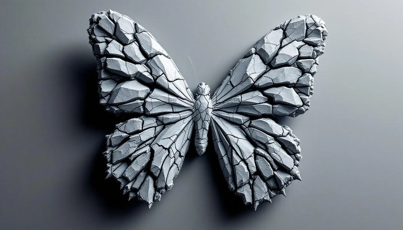 The image shows a close-up view of a butterfly fracture pattern, which is characteristic of nickel sulphide inclusion breakage in toughened glass. This pattern typically occurs in thermally toughened glass, indicating a spontaneous breakage that may result from nickel sulphide inclusions within the glass structure.