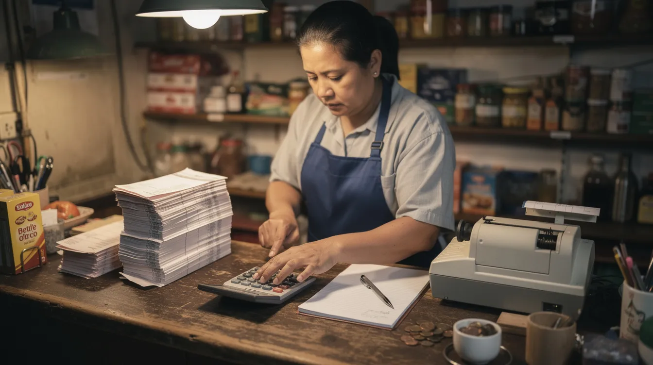 88291cf4 694e 4e99 954b b0be18662bc5 A small shop owner is seen behind a counter, meticulously organizing invoices and using a calculator, highlighting the importance of financial management for small businesses. This scene reflects the daily operations of managing business finances, essential for accessing mudra loans and ensuring proper cash flow for micro and small enterprises.