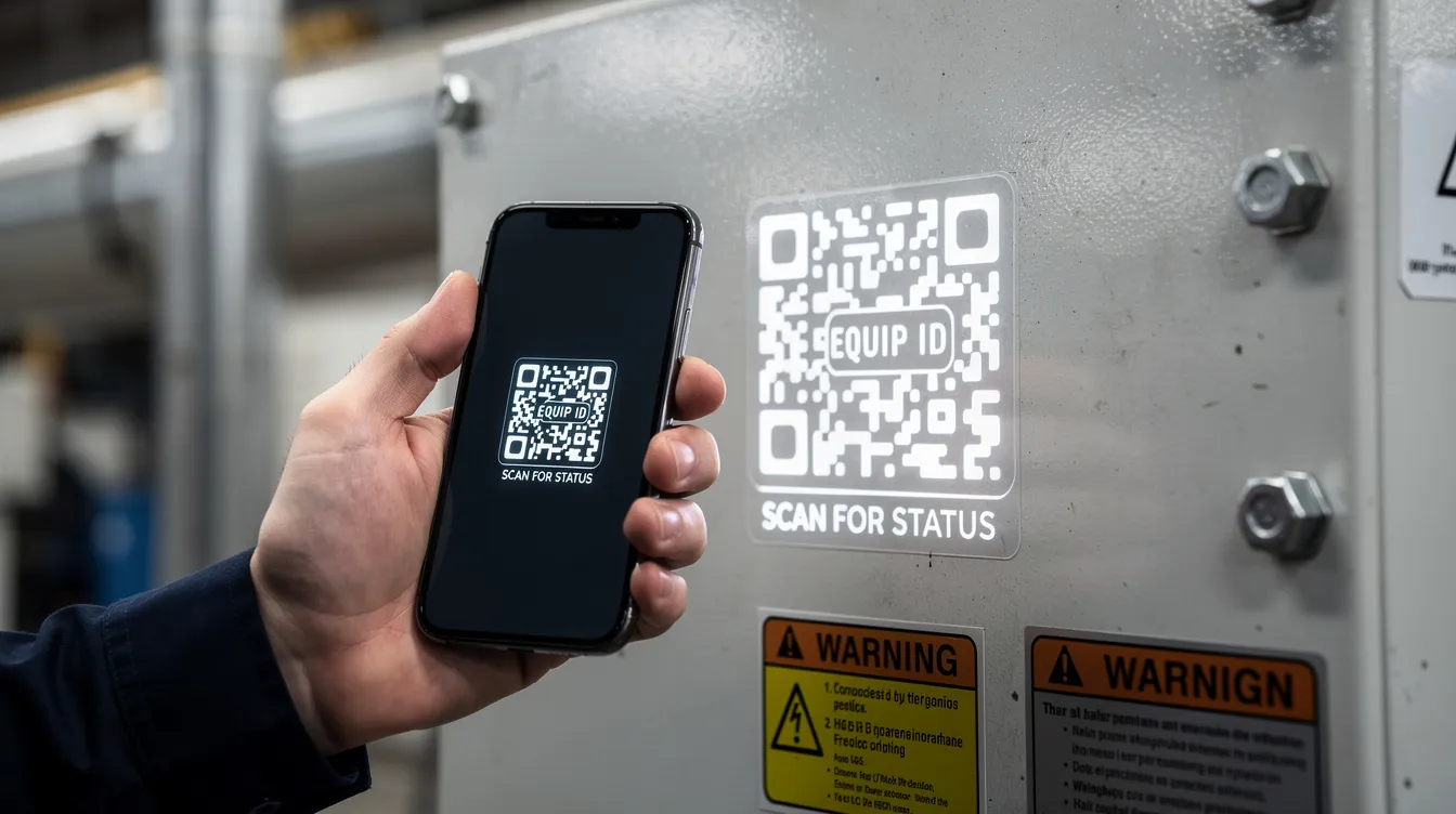 A maintenance technician is closely scanning a QR code on industrial equipment with a smartphone, demonstrating the use of technology in asset management to optimize asset performance and support maintenance management processes. This action highlights the importance of managing data efficiently within the entire asset lifecycle.