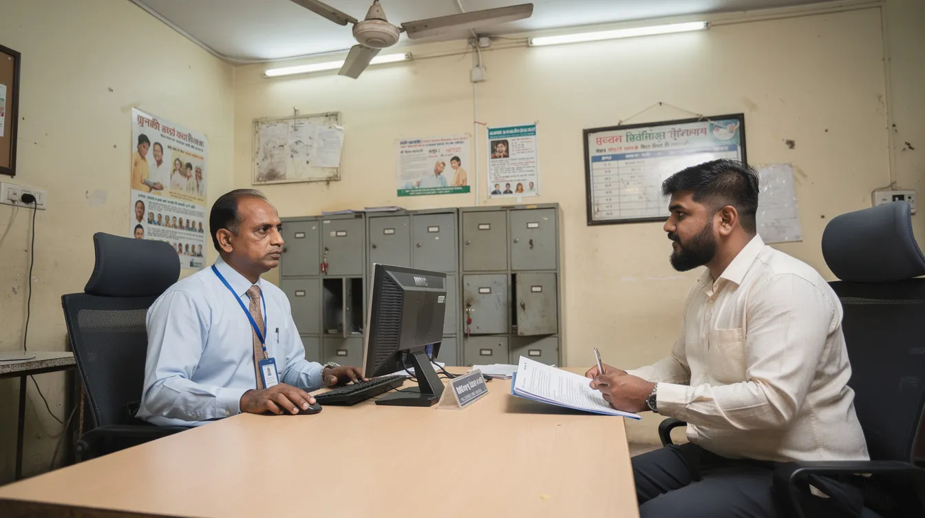 882af470 7bef 404e 838a 91f6eb69be4b The image shows a small business owner sitting across a desk from a bank officer in a simple Indian bank branch, discussing details related to mudra loans for micro enterprises. The scene signifies a crucial moment in the financing process, where the entrepreneur seeks funding to enhance their business activities.